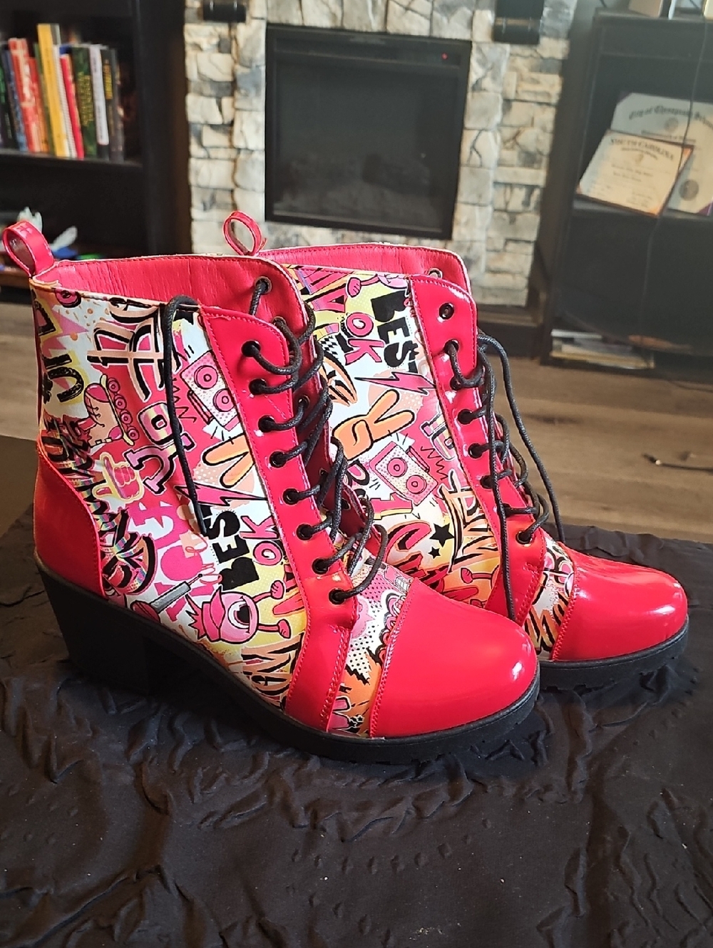 Bold Pink Graphic Lace-Up Wedge Boots